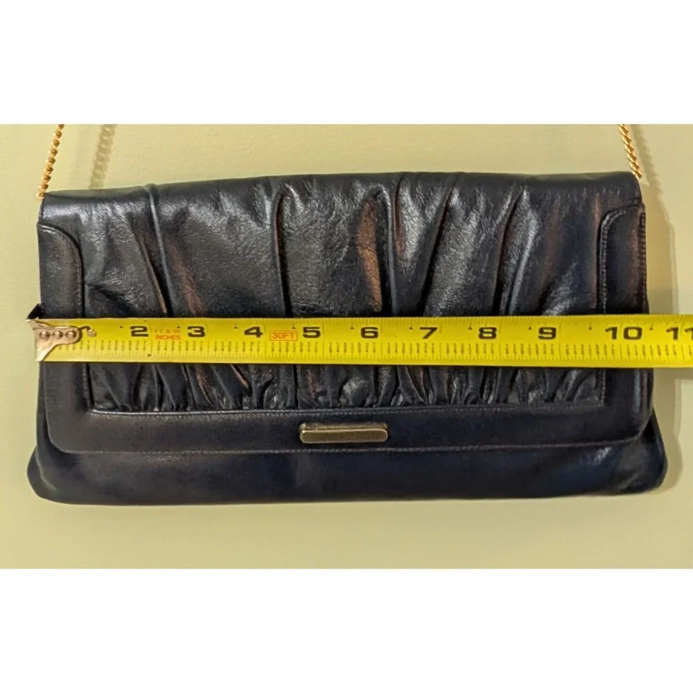 Vintage Susan Gail Dark Navy Leather Clutch W Gold Chain, MCM, Retro